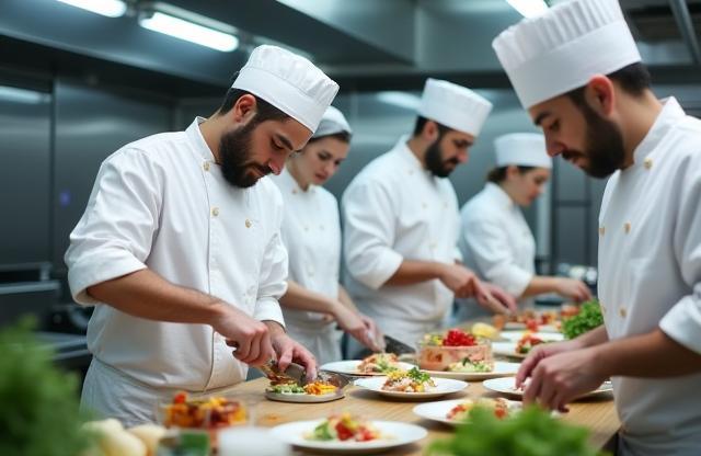 Catering team preparing food in a professional kitchen